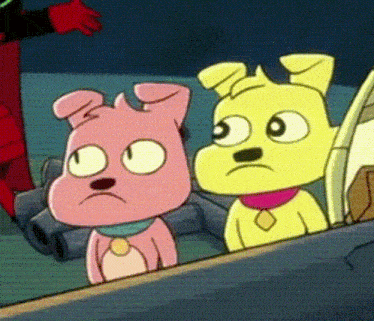 two cartoon dogs , one pink and one yellow , are sitting next to each other and looking at something .
