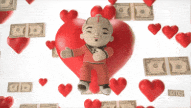 a doll is sitting on a heart surrounded by hearts and money