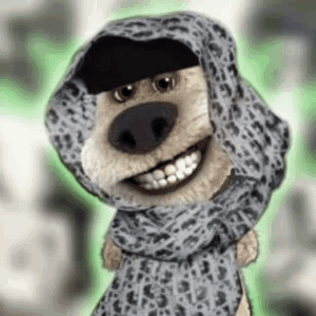 a cartoon dog wearing a leopard print scarf and hood