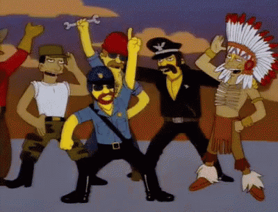 a group of cartoon characters including a police officer and an indian