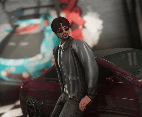 a man wearing sunglasses leans against a red sports car