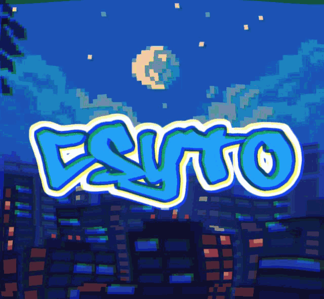 a pixel art drawing of a city skyline with the word easyto in the center