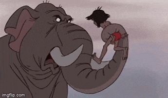 a cartoon of an elephant holding a man 's leg .