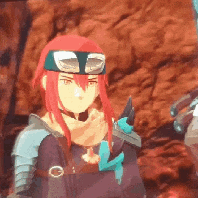 a cartoon character with red hair and goggles is holding a sword .