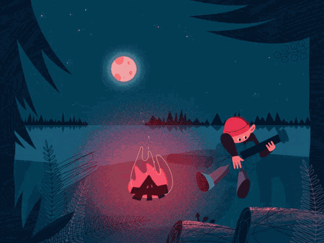 a cartoon drawing of a man playing a guitar near a campfire