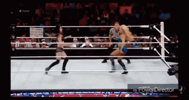 two women wrestling in a ring with a power director watermark on the bottom
