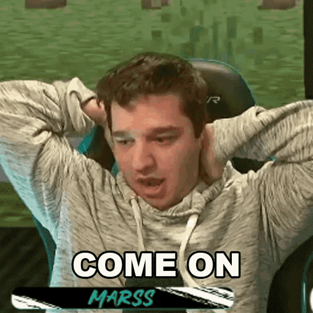 a man sitting in a chair with his hands behind his head and the words come on marss on the bottom