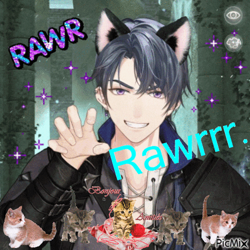 a picture of a boy with cat ears and the words rawr
