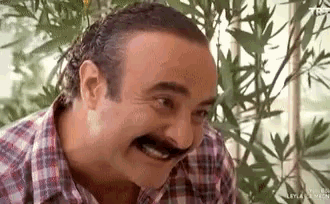 a man with a mustache and a plaid shirt is smiling .
