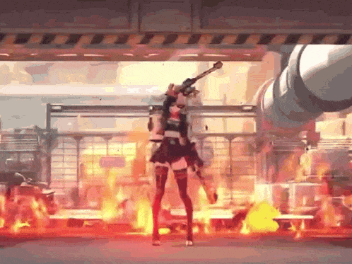 a woman is holding a gun in a video game while standing in front of a fire .