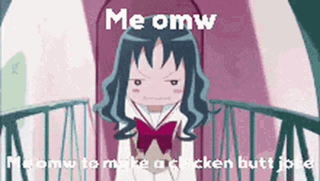 a cartoon girl is sitting on a balcony with the words `` me omw '' written on the bottom .