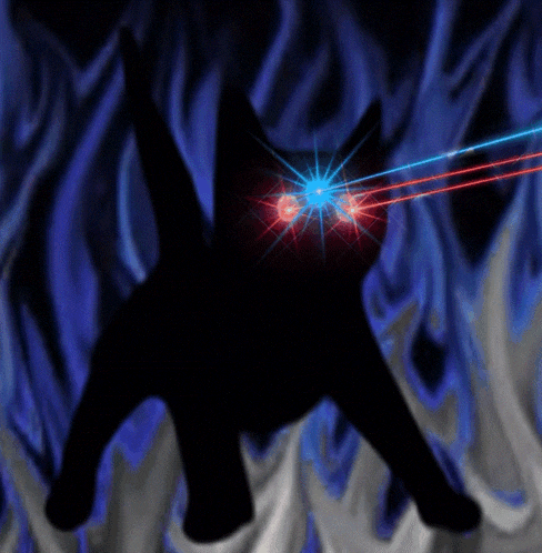 a silhouette of a cat with red and blue lasers coming from its eyes