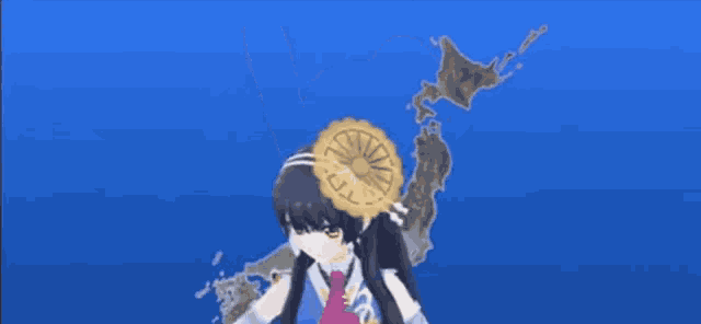a girl in a straw hat is flying through the air with her wings outstretched .