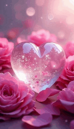 a heart shaped glass globe surrounded by pink roses and petals .