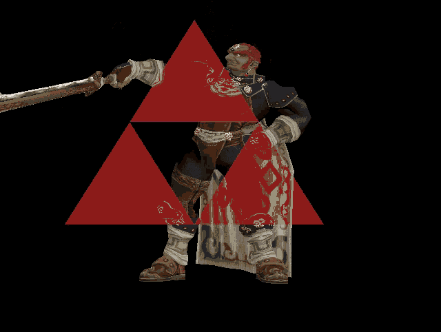 a video game character holding a sword in front of a triangle symbol