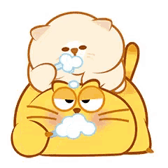 a cartoon cat is sitting on top of a yellow cat and washing its face .