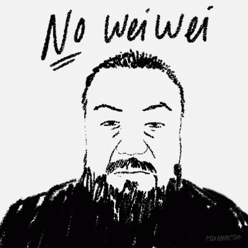 a black and white drawing of a man with the words " no wei wei " written on the bottom