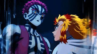 a couple of anime characters are standing next to each other and looking at each other .