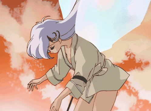 a drawing of a woman with long white hair and a cane
