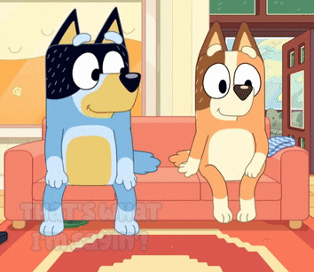 two cartoon dogs are standing next to each other on a couch with the word tuesday on the bottom