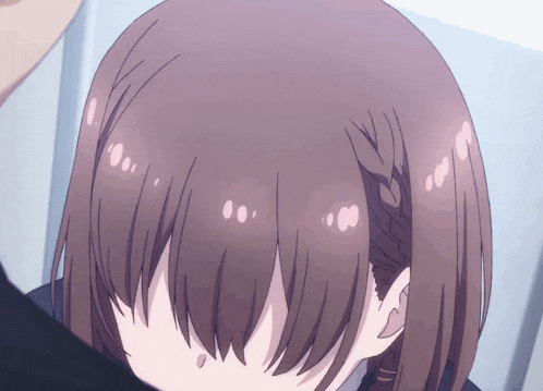 a close up of a girl 's head with a purple background