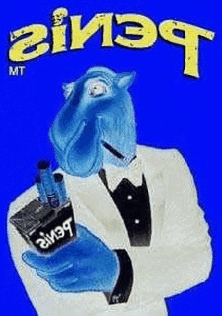 a blue camel in a tuxedo holding a box of cigarettes