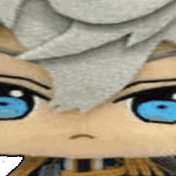 a close up of a person 's face with blue eyes and a gray haircut .