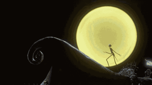 a nightmare before christmas scene with a skeleton standing in front of the moon