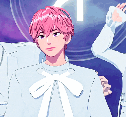 a boy with pink hair and purple eyes is wearing a white shirt with a bow