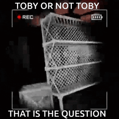 a black and white photo of a chair with the words `` toby or not toby that is the question ''