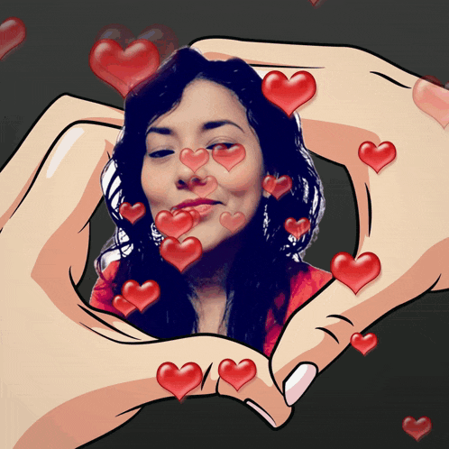 a cartoon drawing of a woman with hearts around her eyes