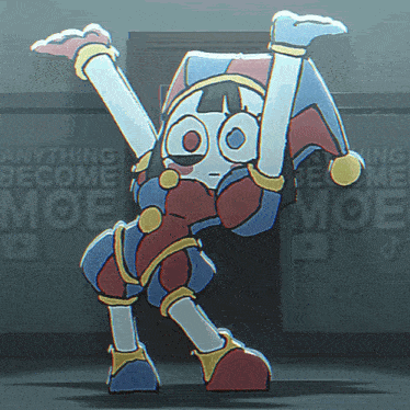 a cartoon character is dancing in front of a wall that says moe