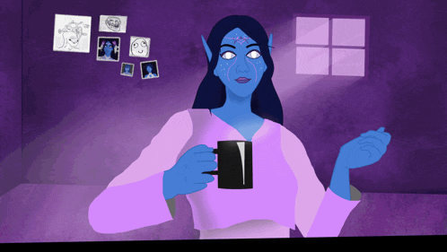 a cartoon drawing of a woman with blue skin holding a cup