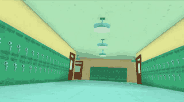 a hallway with a lot of green lockers and a ceiling light