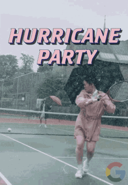 a poster for a hurricane party with a woman holding a tennis racquet in the rain