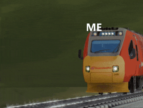 a man is running in front of a train that says me on the bottom