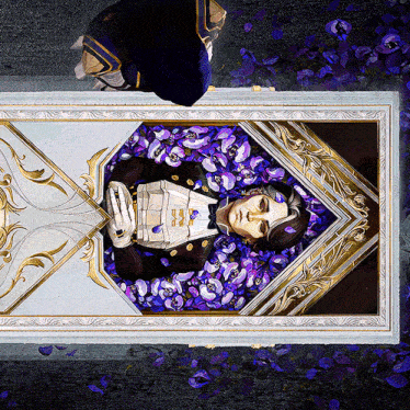 a painting of a man in a tuxedo laying in a coffin with purple flowers