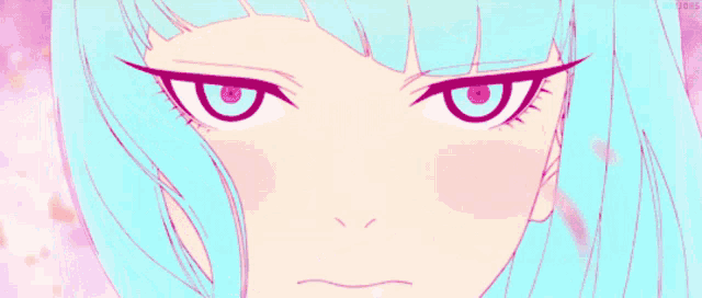 a close up of a girl 's face with a pink eye