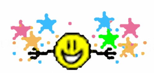 a smiley face is surrounded by colorful stars and confetti