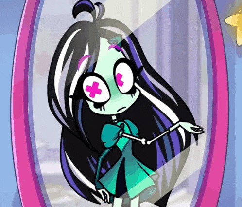 a cartoon drawing of a girl with a cross on her eyes