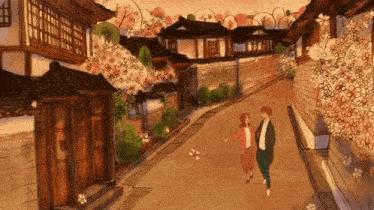 a drawing of a man and woman walking down a narrow street