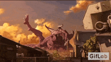 a giant purple monster is flying through the air in a video game .