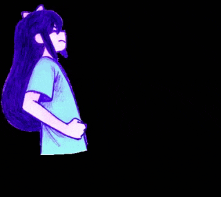 a drawing of a girl with purple hair and a blue shirt is standing in the dark .