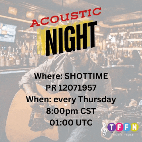 a man playing an acoustic guitar in front of a bar