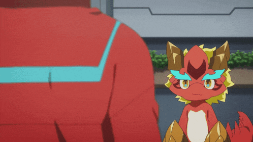 a red cartoon character with blue eyes is standing next to a large red monster