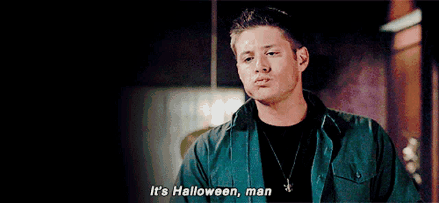 a man in a green jacket says it 's halloween , man