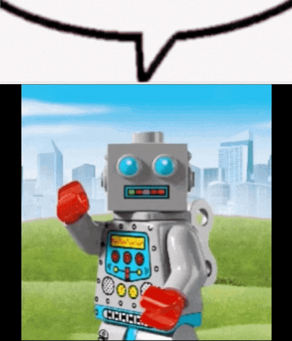 a toy robot with a speech bubble behind him