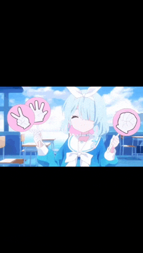 a blue haired anime girl is standing in front of a classroom with tables and chairs .