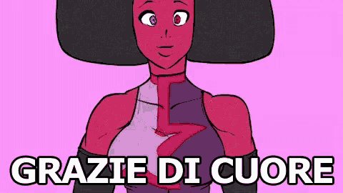 a cartoon of ruby from steven universe is standing on a pink background with the words grazie di cuore written below her .