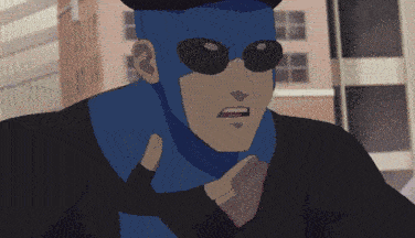 a cartoon of a man in a blue mask and sunglasses